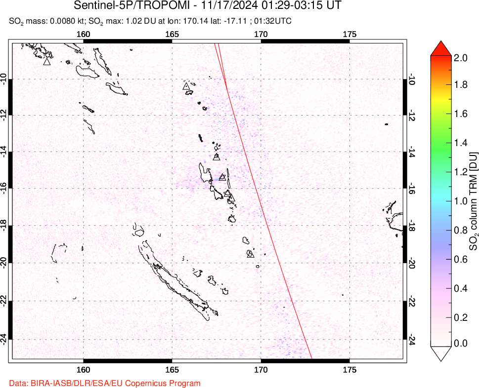 A sulfur dioxide image over Vanuatu, South Pacific on Nov 17, 2024.