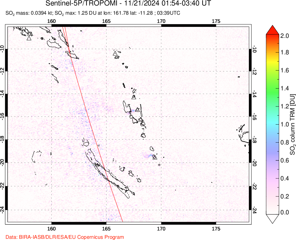 A sulfur dioxide image over Vanuatu, South Pacific on Nov 21, 2024.