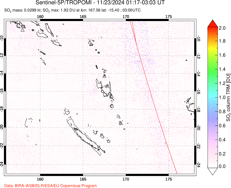 A sulfur dioxide image over Vanuatu, South Pacific on Nov 23, 2024.