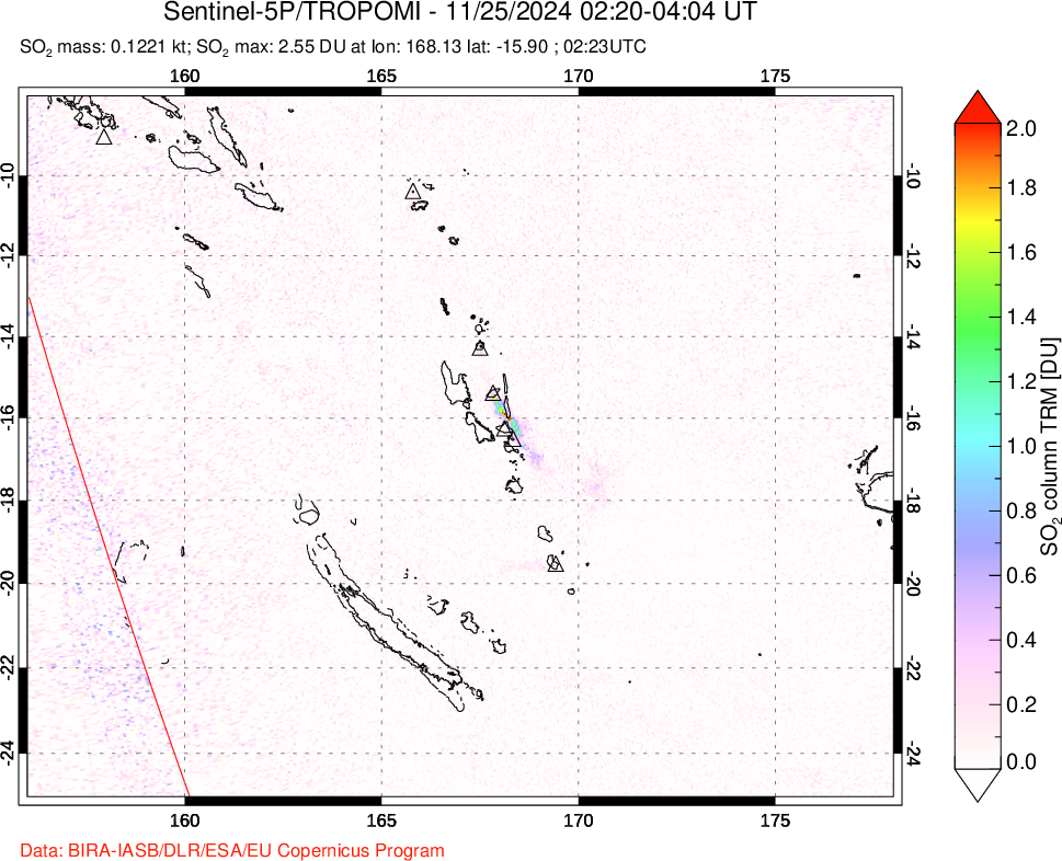 A sulfur dioxide image over Vanuatu, South Pacific on Nov 25, 2024.