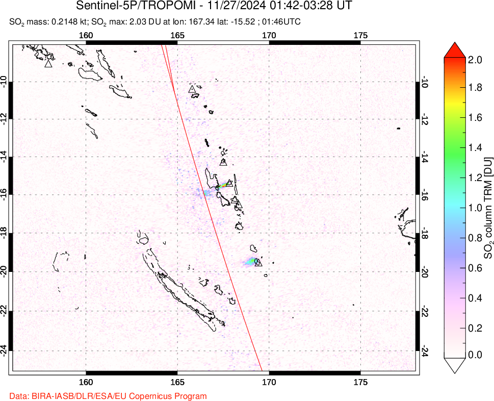 A sulfur dioxide image over Vanuatu, South Pacific on Nov 27, 2024.