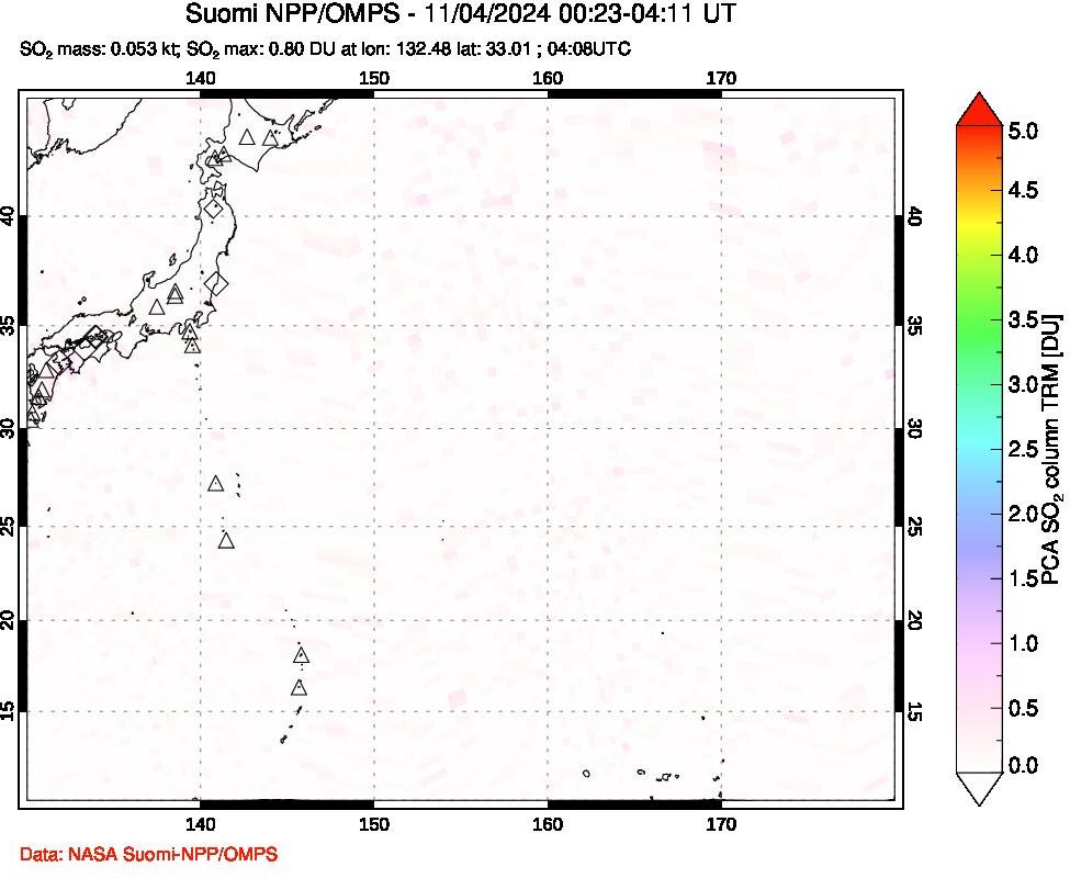 A sulfur dioxide image over Western Pacific on Nov 04, 2024.