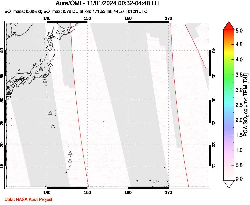 A sulfur dioxide image over Western Pacific on Nov 01, 2024.