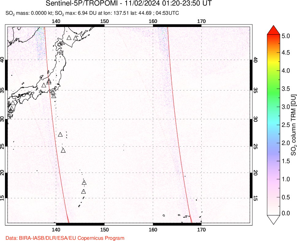 A sulfur dioxide image over Western Pacific on Nov 02, 2024.