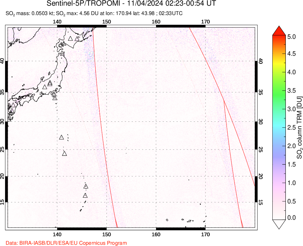 A sulfur dioxide image over Western Pacific on Nov 04, 2024.