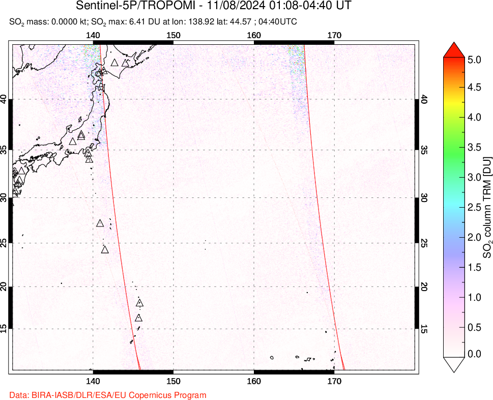 A sulfur dioxide image over Western Pacific on Nov 08, 2024.