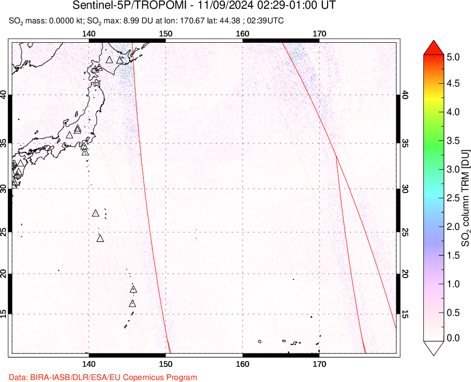 A sulfur dioxide image over Western Pacific on Nov 09, 2024.