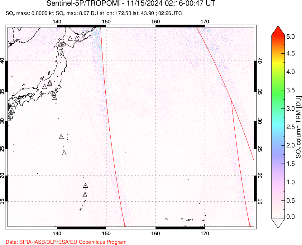 A sulfur dioxide image over Western Pacific on Nov 15, 2024.