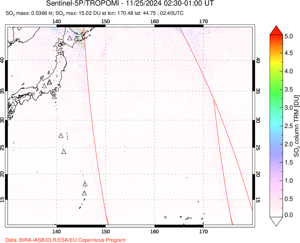 A sulfur dioxide image over Western Pacific on Nov 25, 2024.