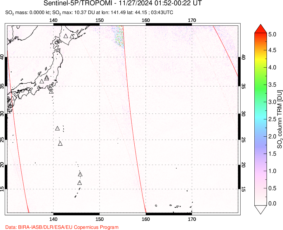 A sulfur dioxide image over Western Pacific on Nov 27, 2024.