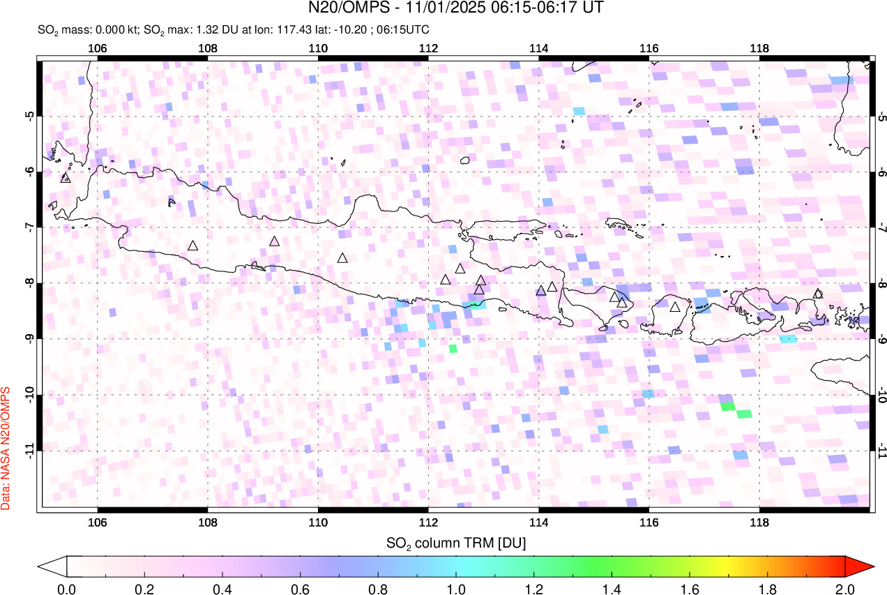 A sulfur dioxide image over Java, Indonesia on Nov 01, 2025.