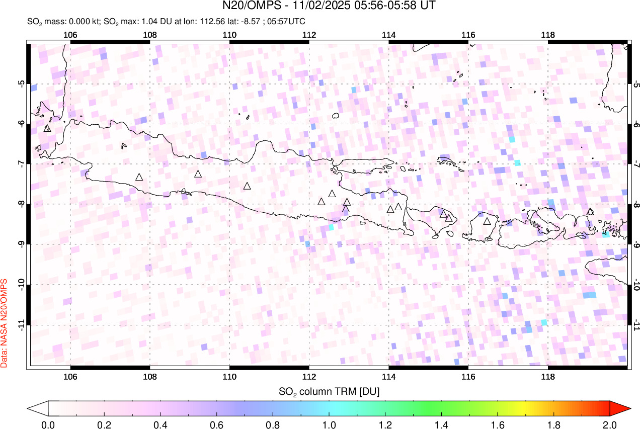 A sulfur dioxide image over Java, Indonesia on Nov 02, 2025.