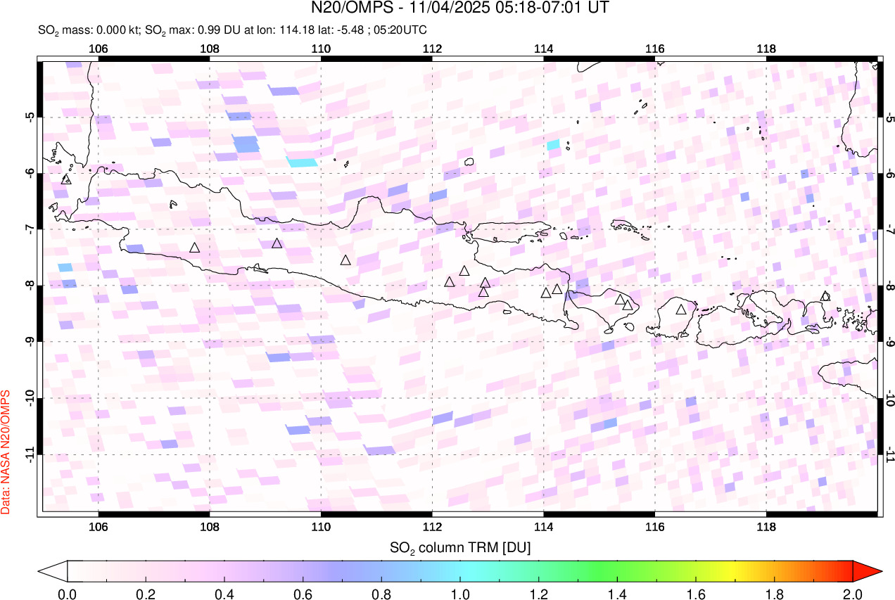 A sulfur dioxide image over Java, Indonesia on Nov 04, 2025.