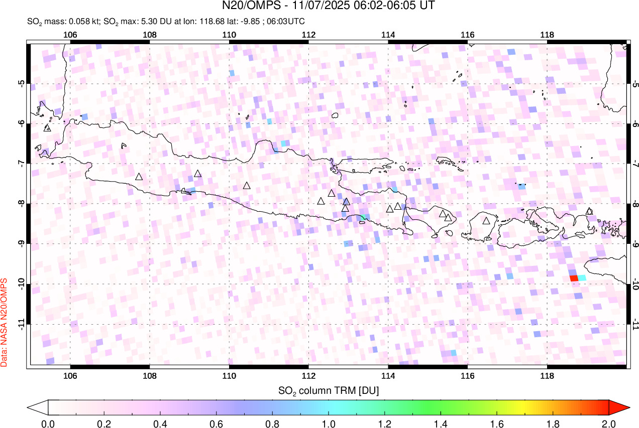 A sulfur dioxide image over Java, Indonesia on Nov 07, 2025.