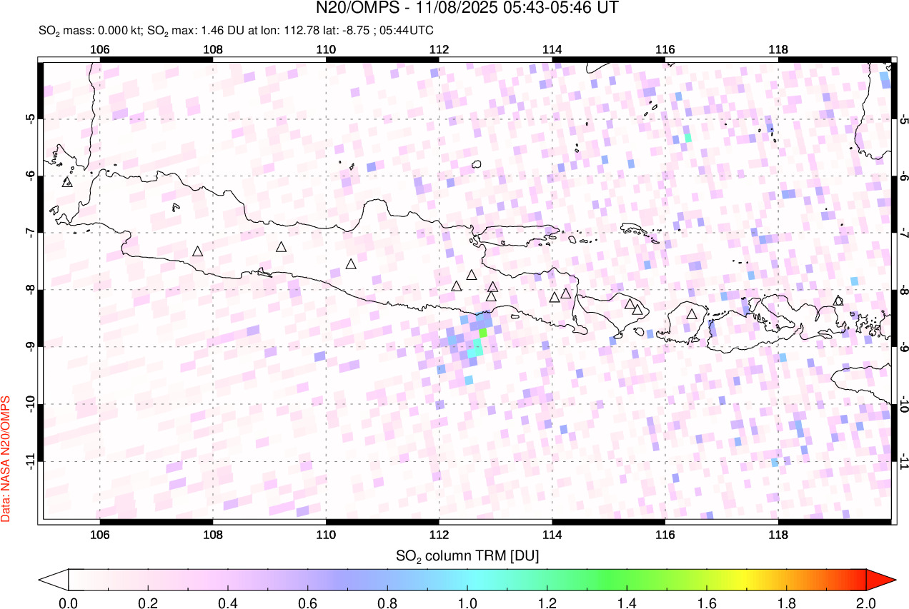 A sulfur dioxide image over Java, Indonesia on Nov 08, 2025.