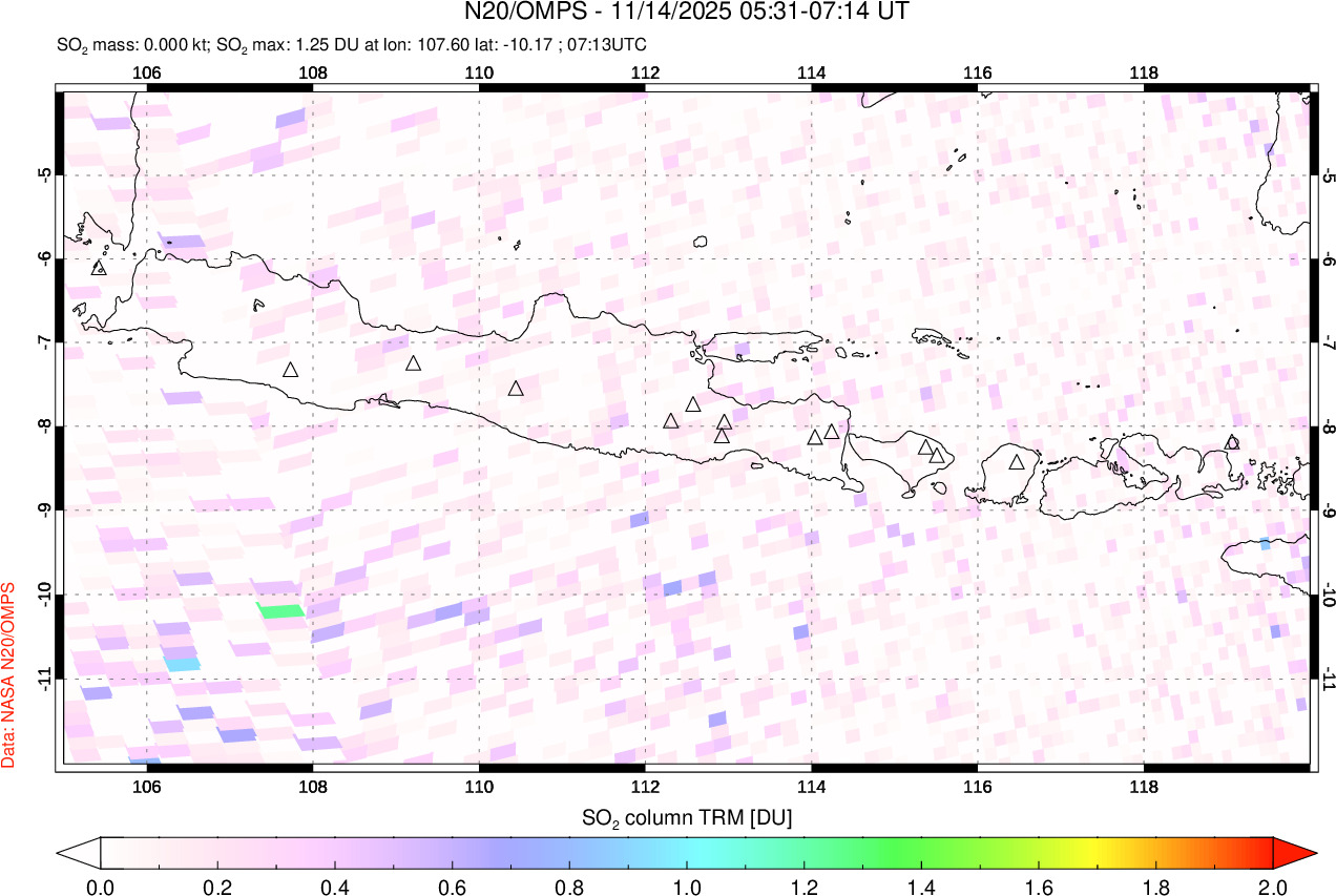 A sulfur dioxide image over Java, Indonesia on Nov 14, 2025.
