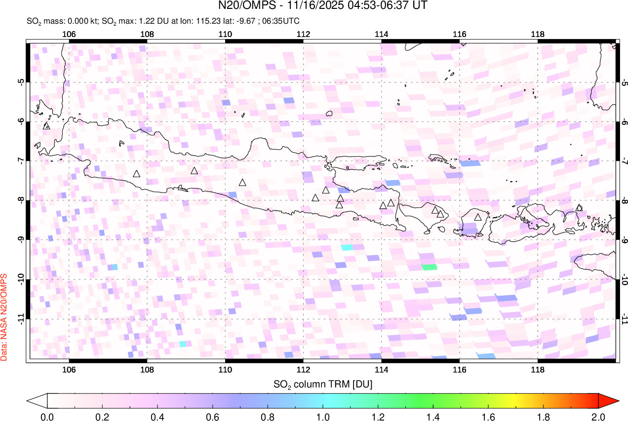 A sulfur dioxide image over Java, Indonesia on Nov 16, 2025.