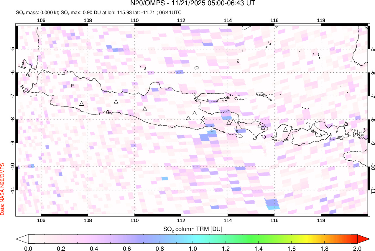 A sulfur dioxide image over Java, Indonesia on Nov 21, 2025.