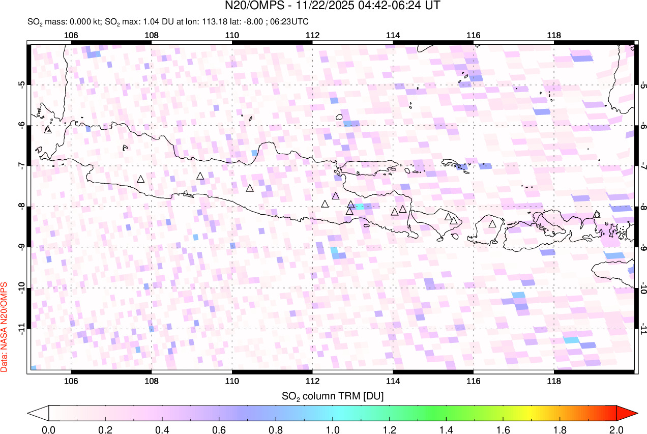 A sulfur dioxide image over Java, Indonesia on Nov 22, 2025.