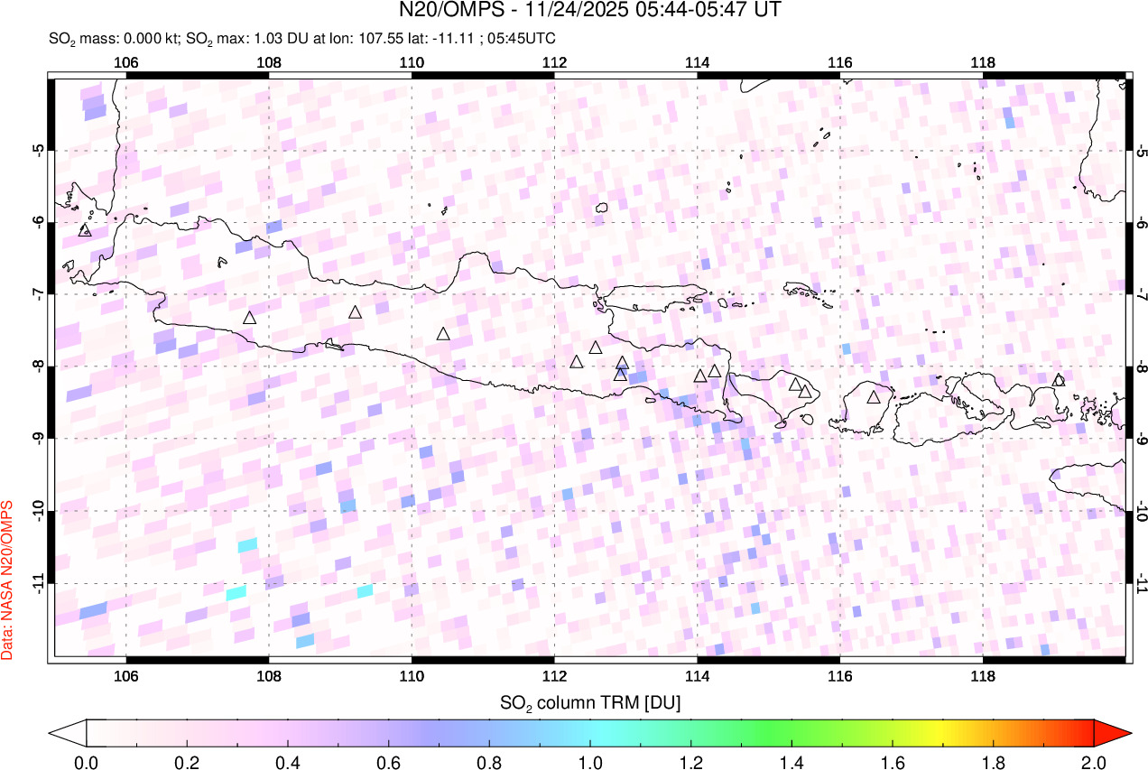 A sulfur dioxide image over Java, Indonesia on Nov 24, 2025.