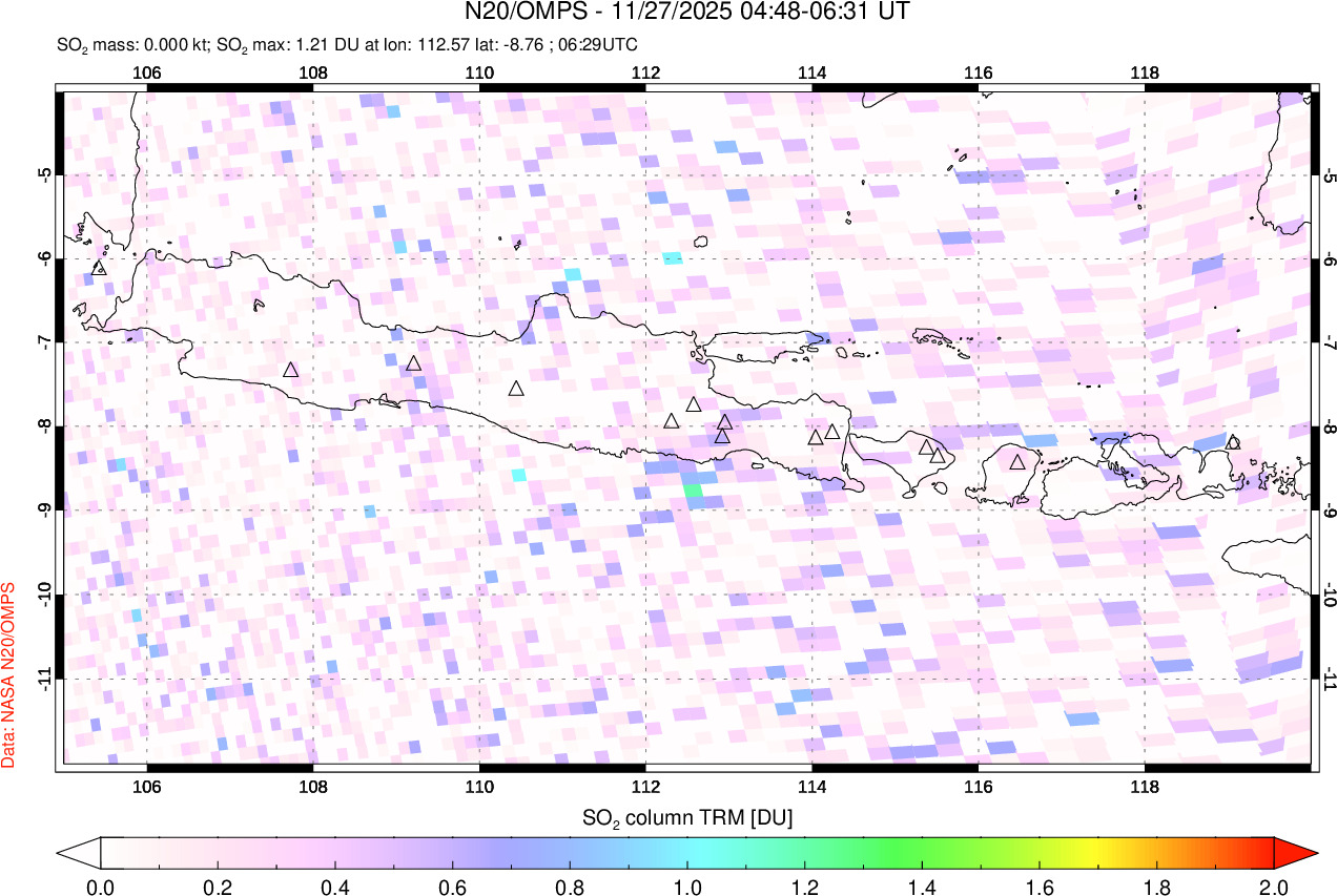 A sulfur dioxide image over Java, Indonesia on Nov 27, 2025.