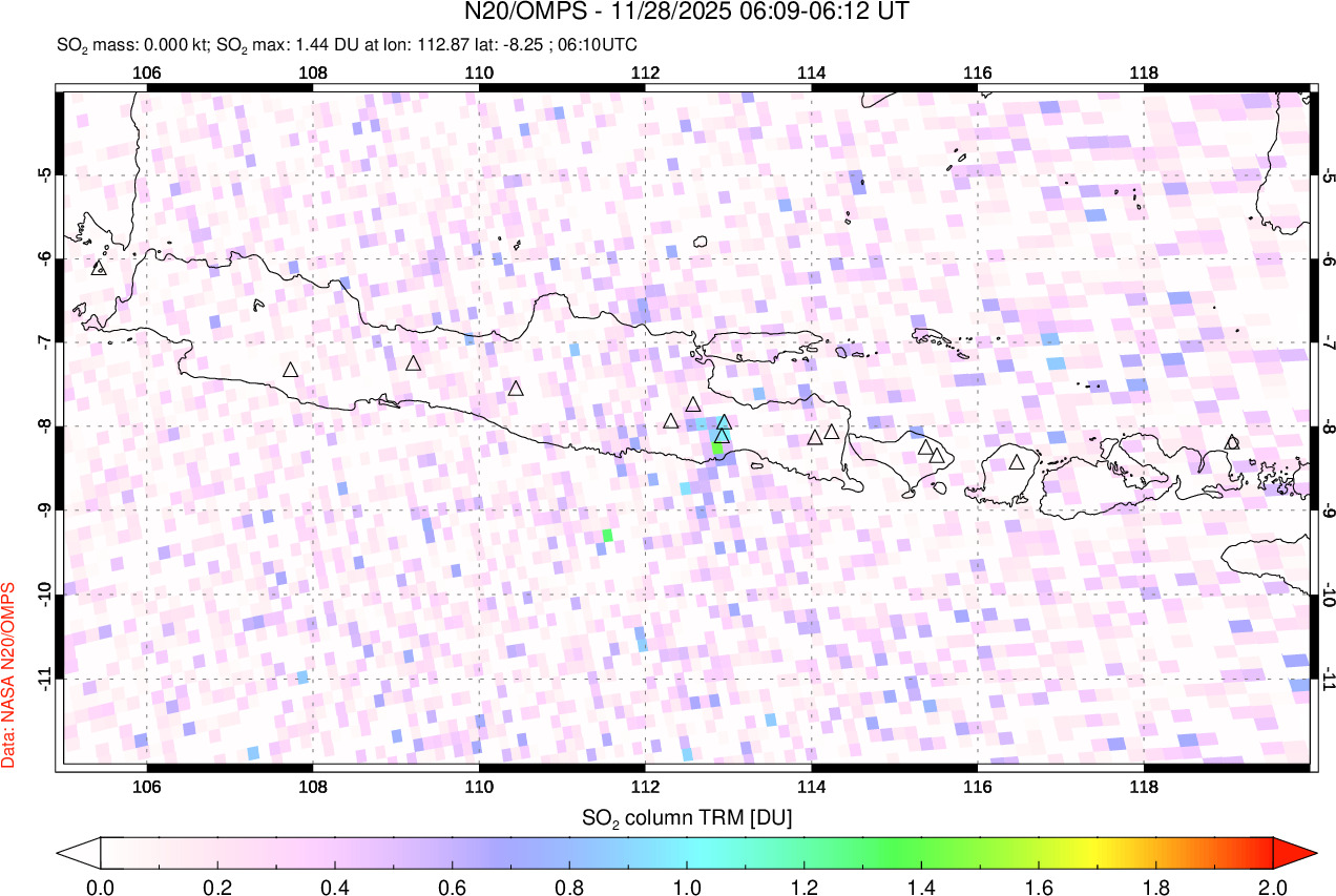 A sulfur dioxide image over Java, Indonesia on Nov 28, 2025.