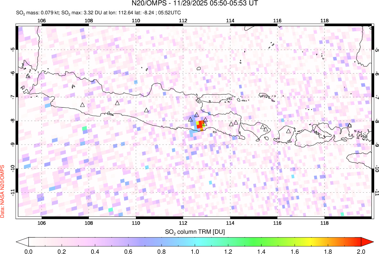A sulfur dioxide image over Java, Indonesia on Nov 29, 2025.