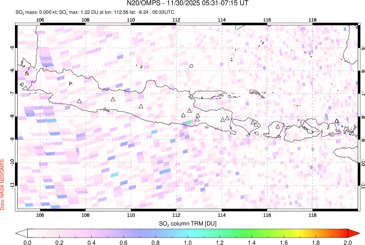 A sulfur dioxide image over Java, Indonesia on Nov 30, 2025.