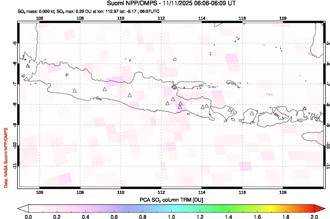 A sulfur dioxide image over Java, Indonesia on Nov 11, 2025.