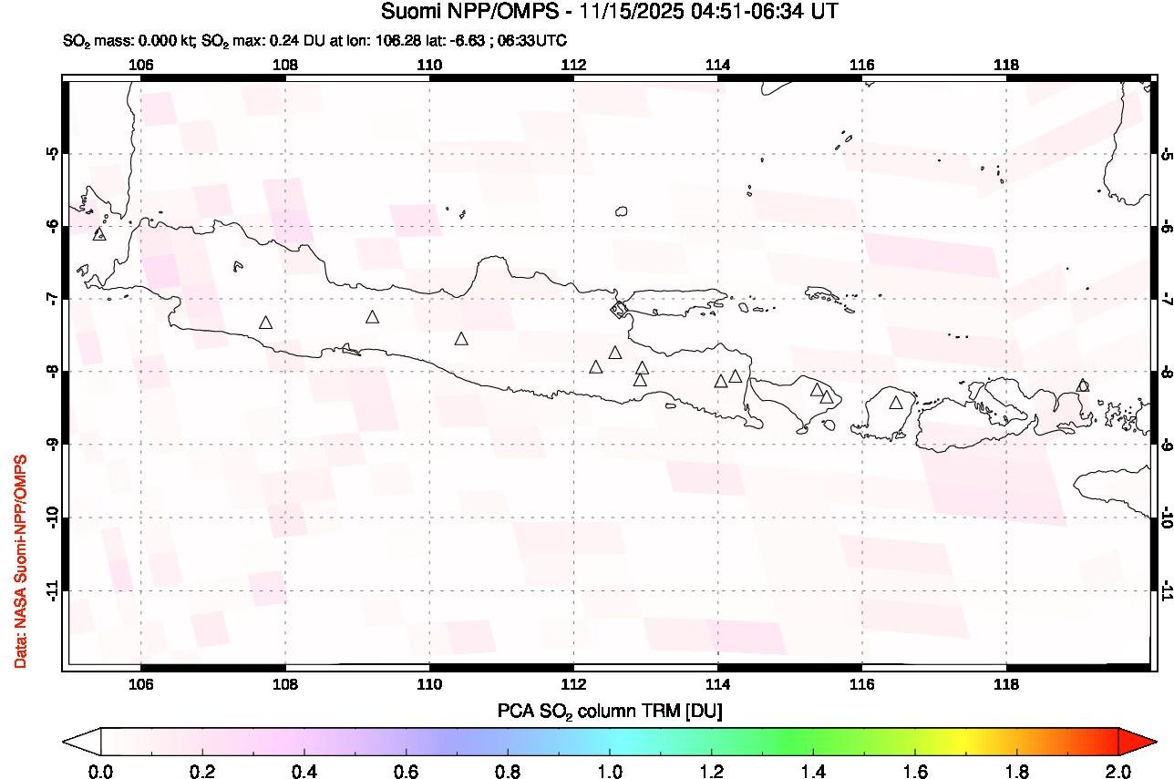 A sulfur dioxide image over Java, Indonesia on Nov 15, 2025.