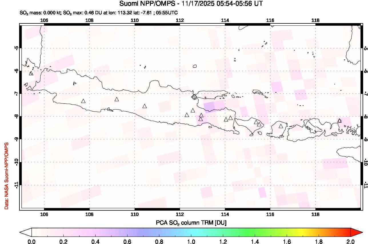 A sulfur dioxide image over Java, Indonesia on Nov 17, 2025.