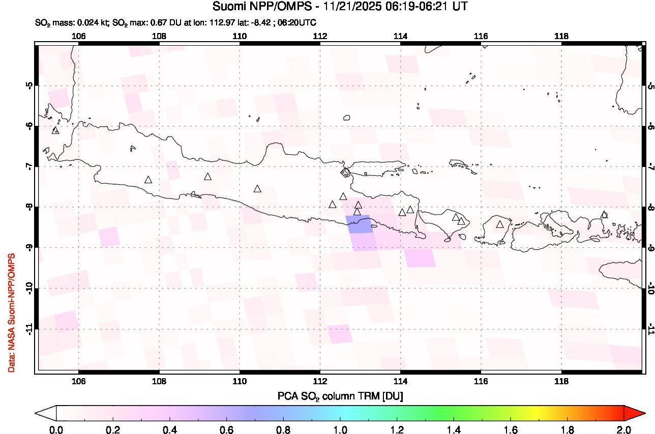 A sulfur dioxide image over Java, Indonesia on Nov 21, 2025.