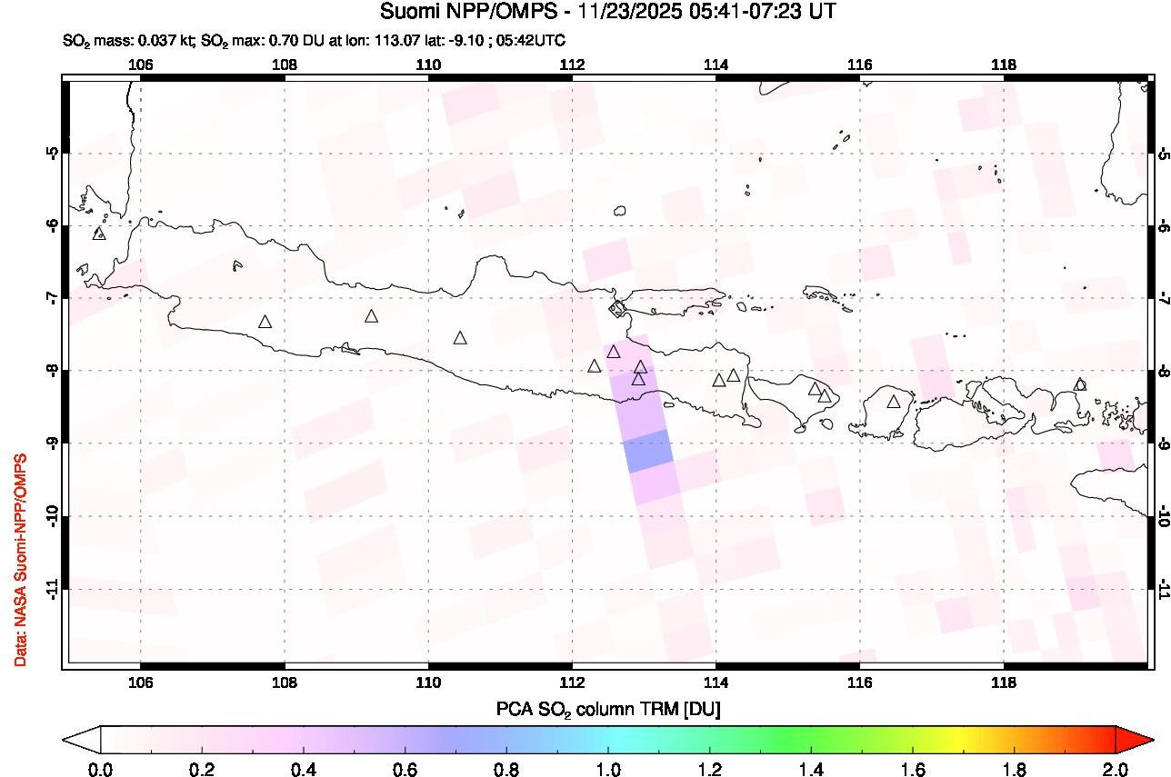 A sulfur dioxide image over Java, Indonesia on Nov 23, 2025.