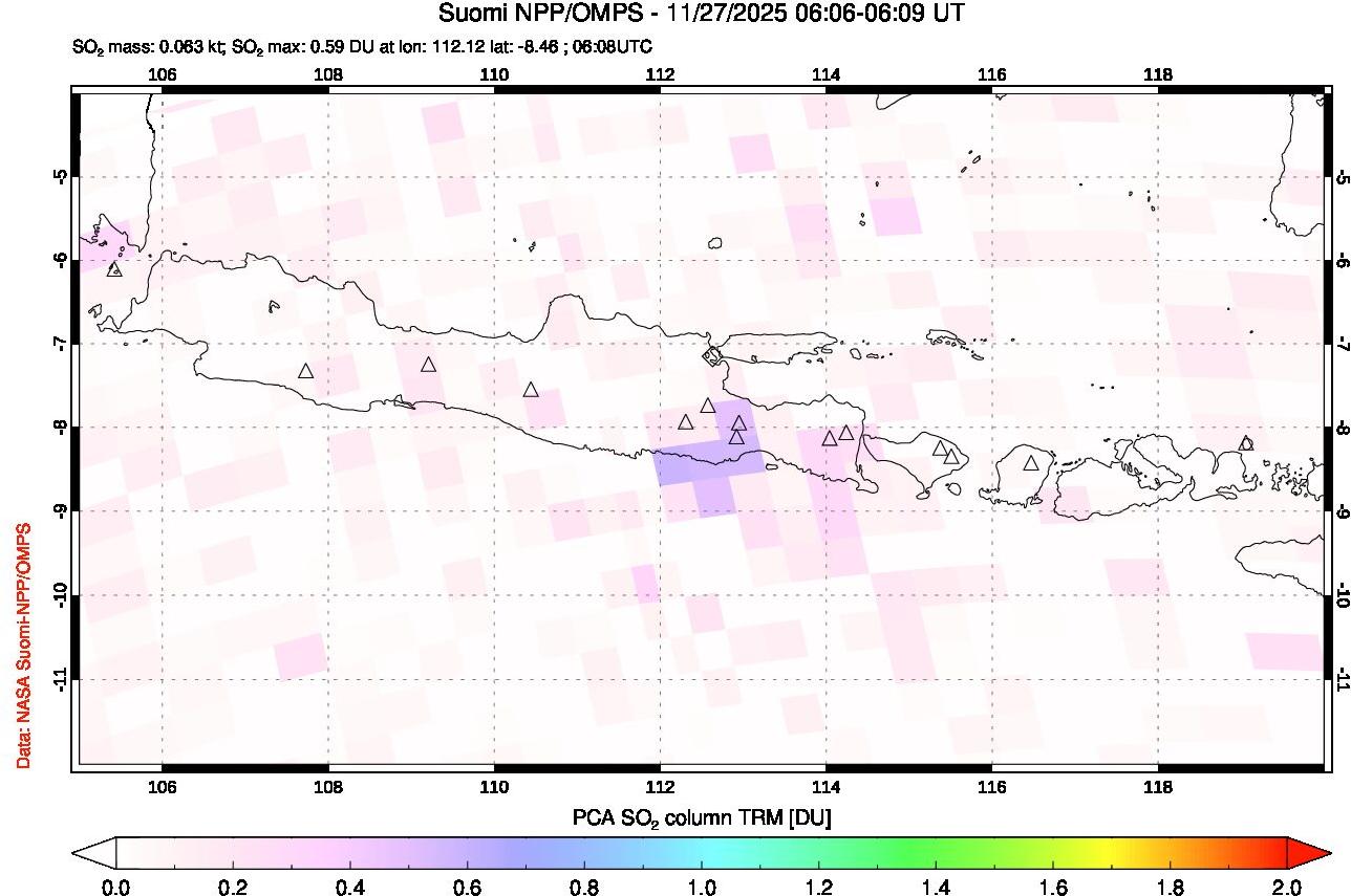 A sulfur dioxide image over Java, Indonesia on Nov 27, 2025.