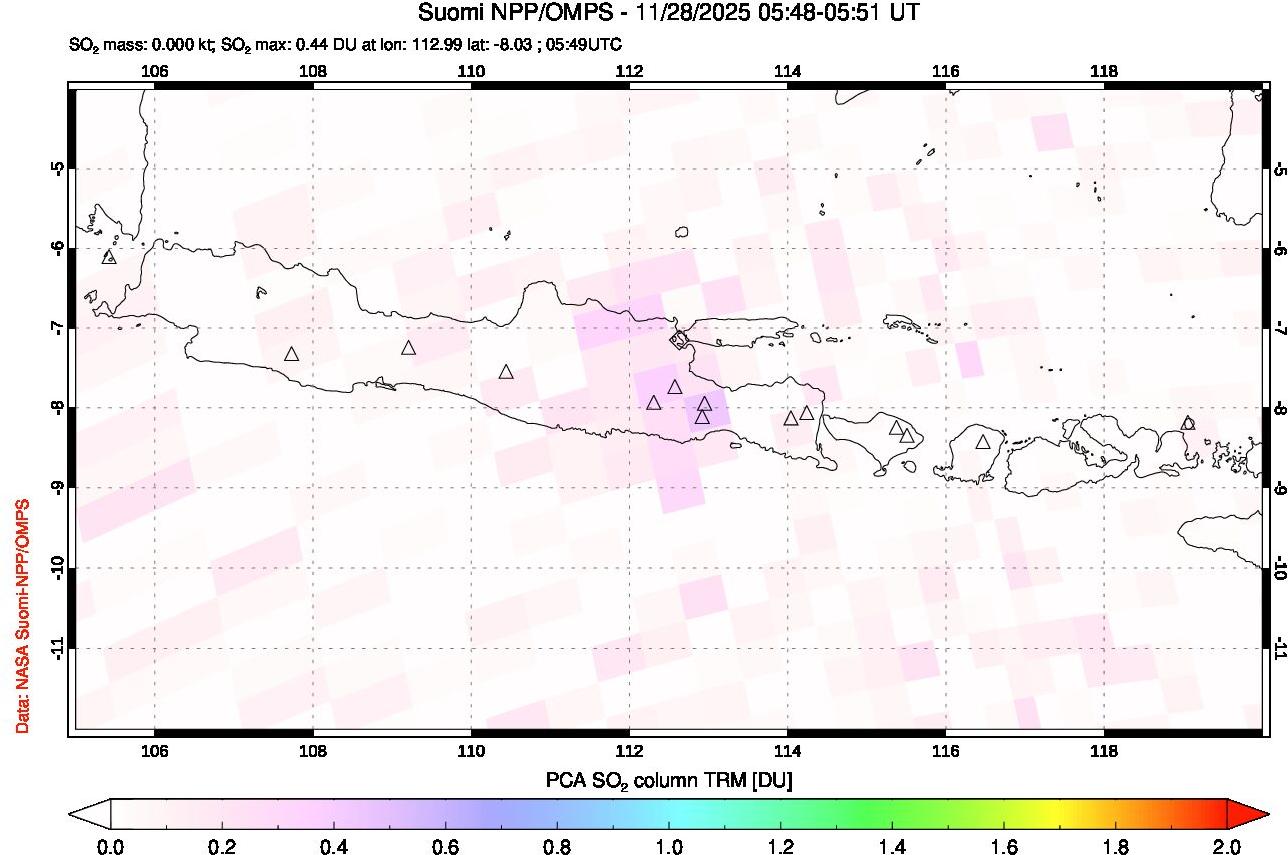 A sulfur dioxide image over Java, Indonesia on Nov 28, 2025.