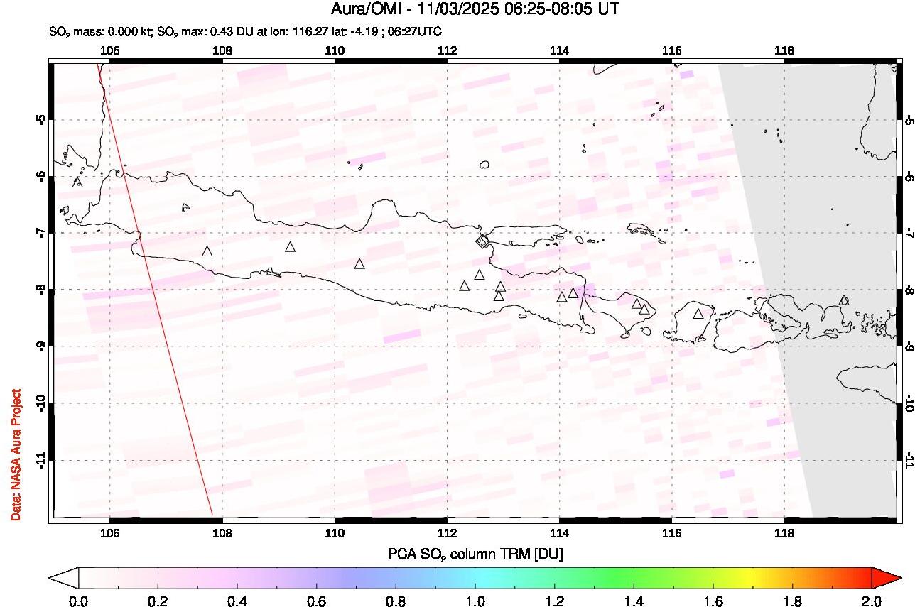 A sulfur dioxide image over Java, Indonesia on Nov 03, 2025.