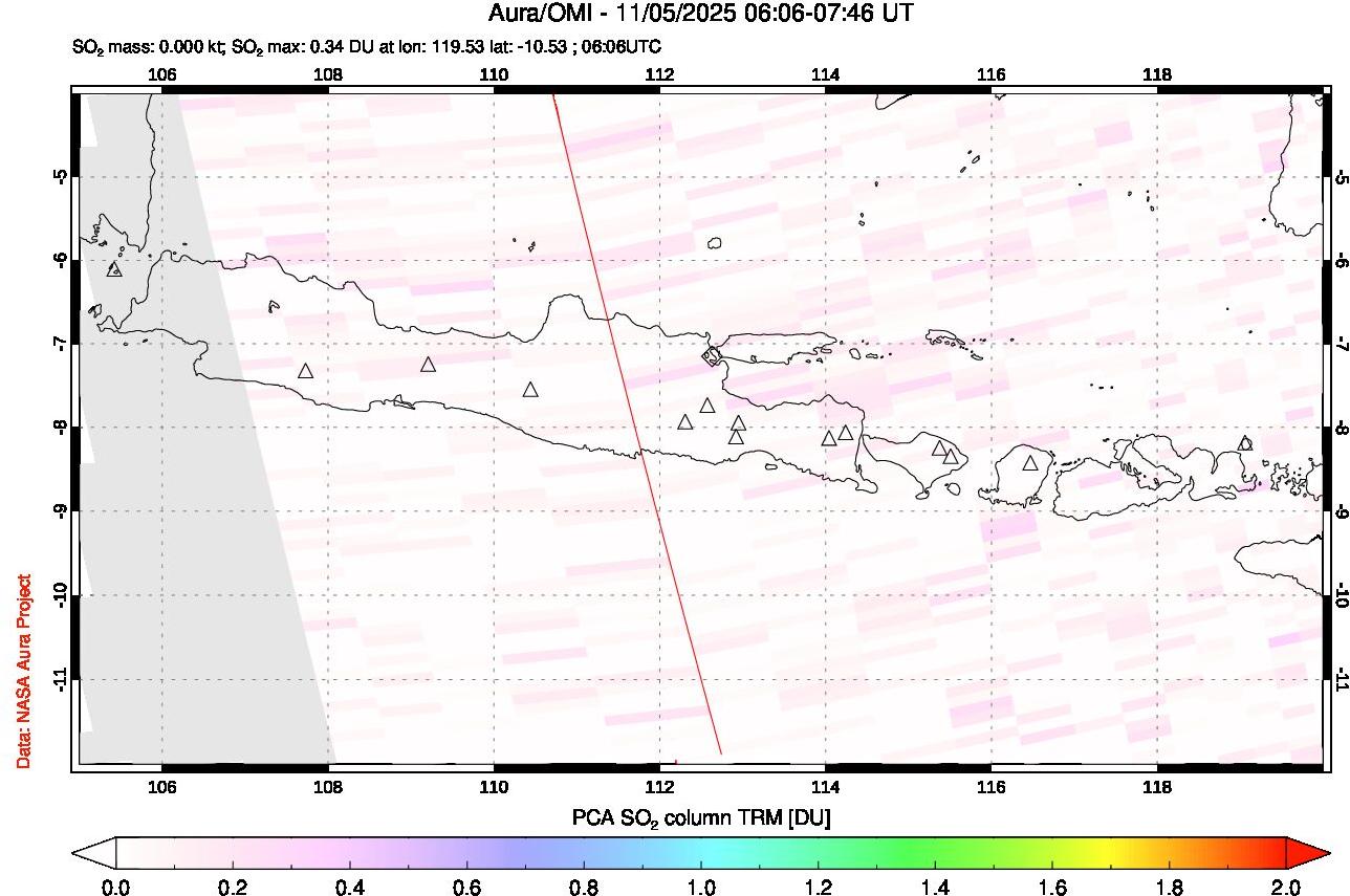 A sulfur dioxide image over Java, Indonesia on Nov 05, 2025.