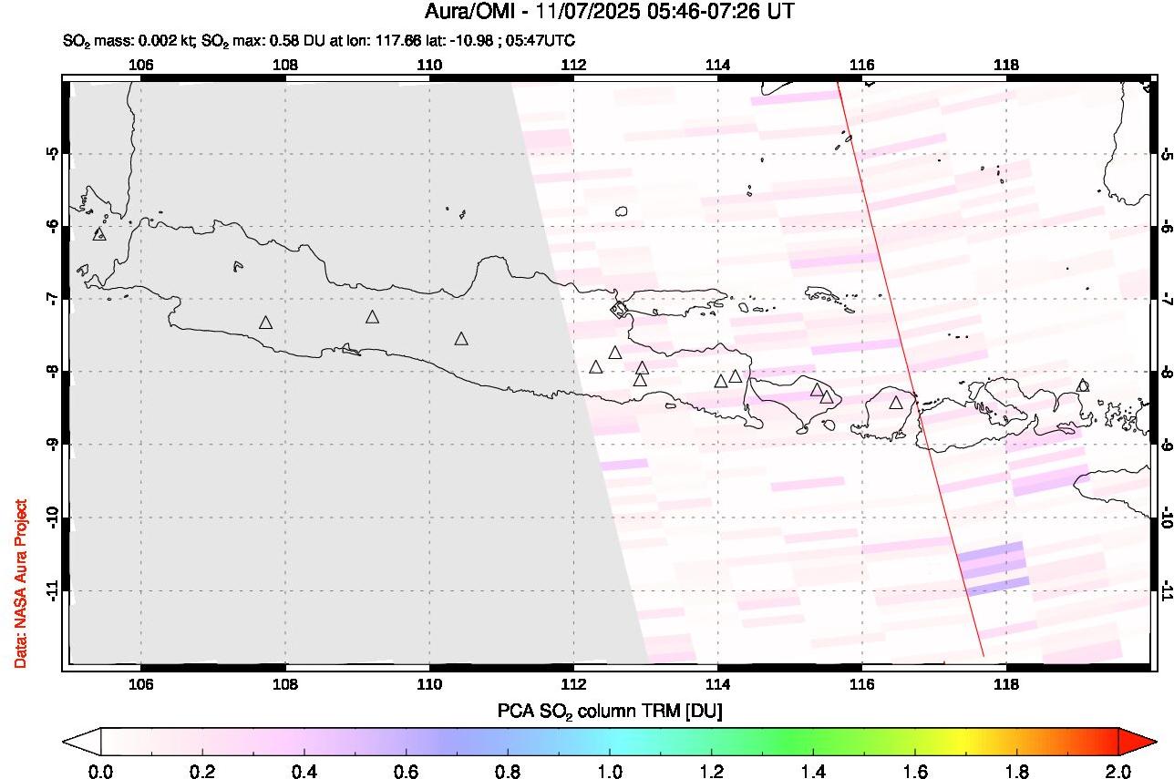 A sulfur dioxide image over Java, Indonesia on Nov 07, 2025.