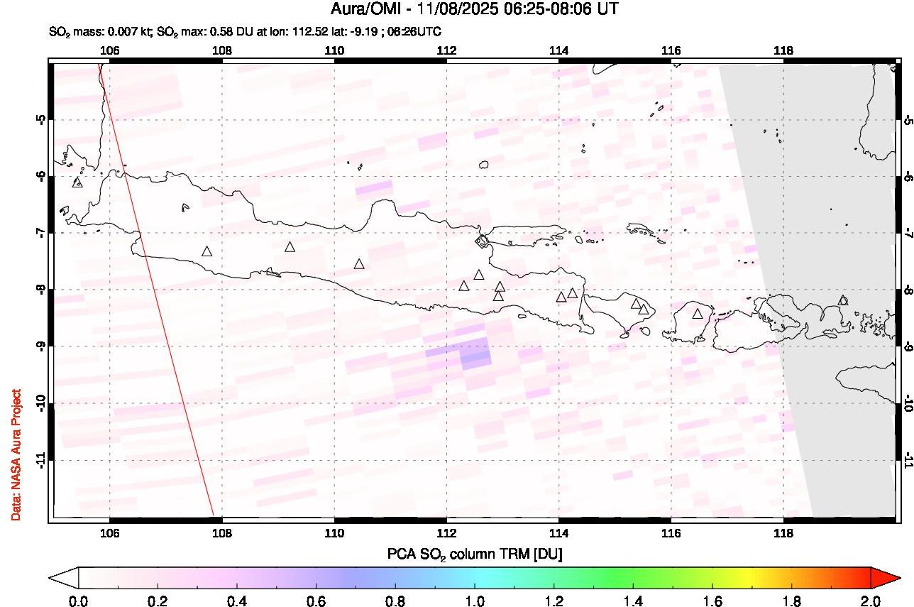 A sulfur dioxide image over Java, Indonesia on Nov 08, 2025.