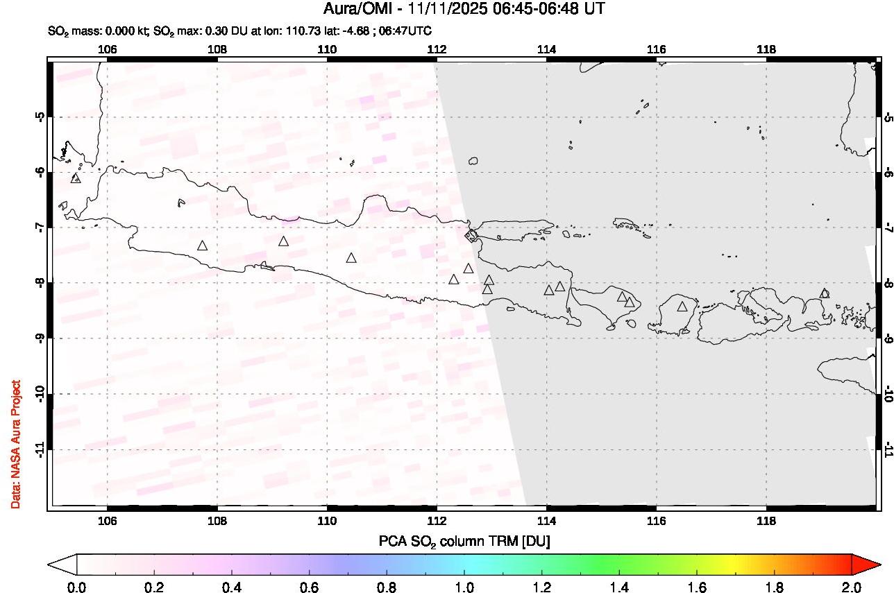 A sulfur dioxide image over Java, Indonesia on Nov 11, 2025.