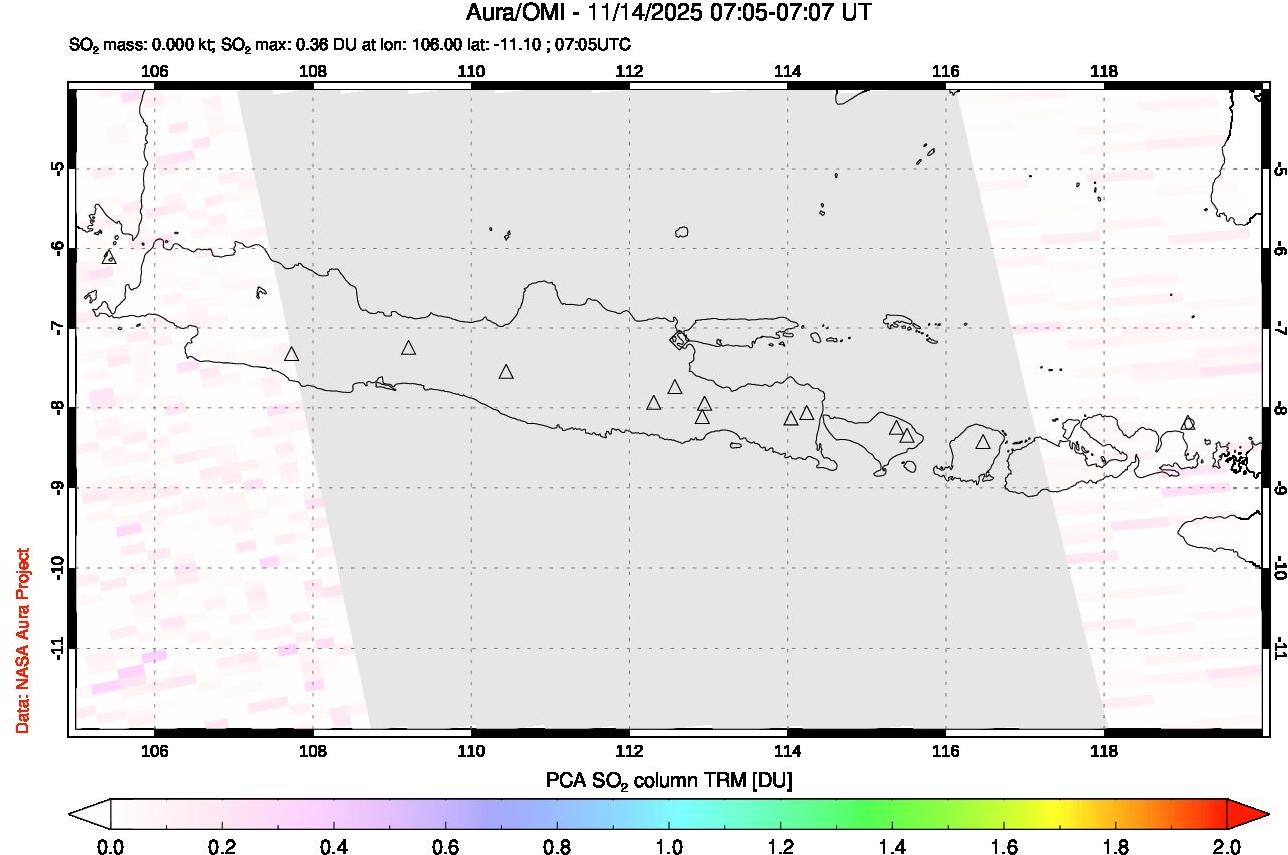 A sulfur dioxide image over Java, Indonesia on Nov 14, 2025.