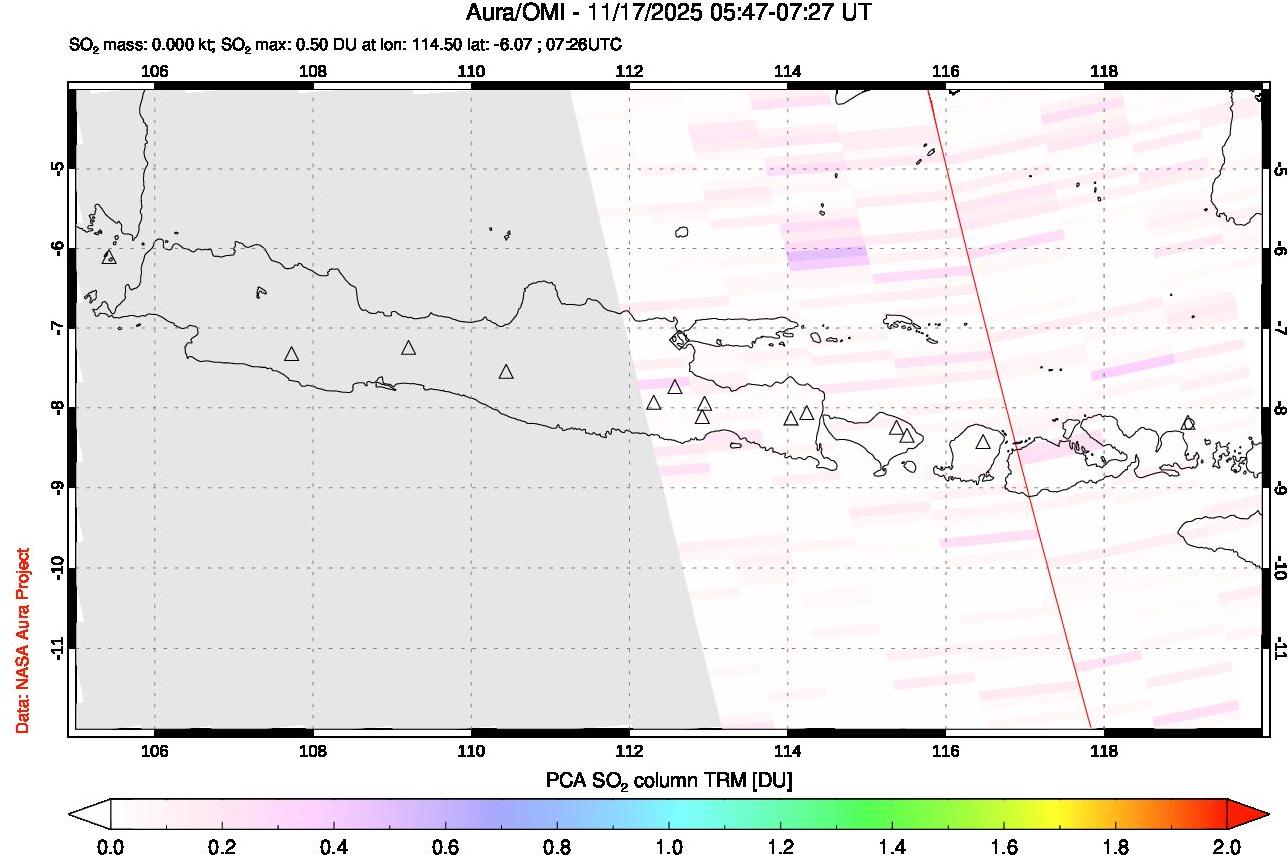 A sulfur dioxide image over Java, Indonesia on Nov 17, 2025.