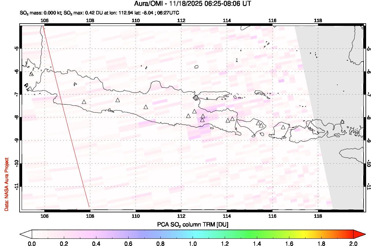 A sulfur dioxide image over Java, Indonesia on Nov 18, 2025.