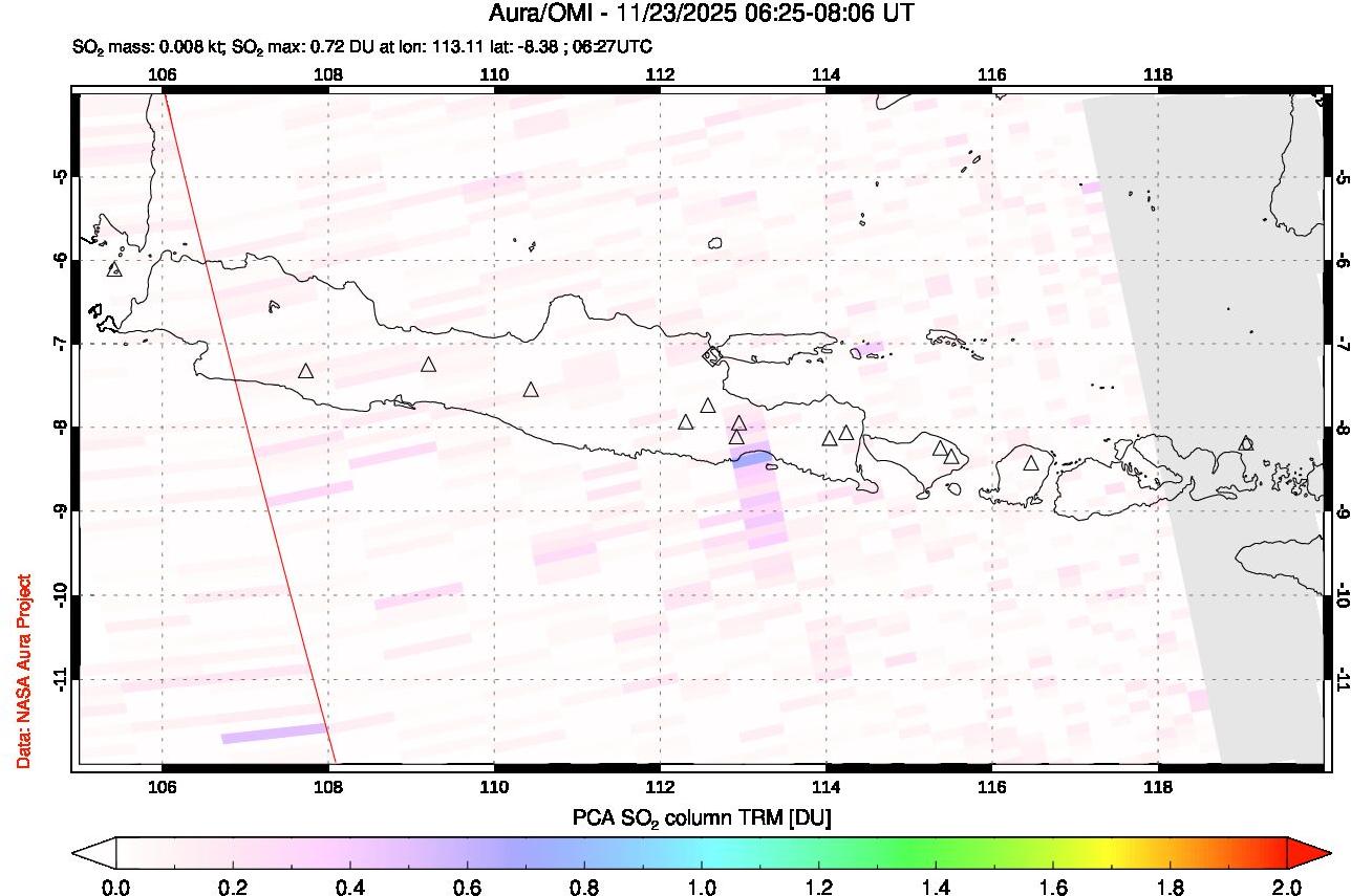 A sulfur dioxide image over Java, Indonesia on Nov 23, 2025.