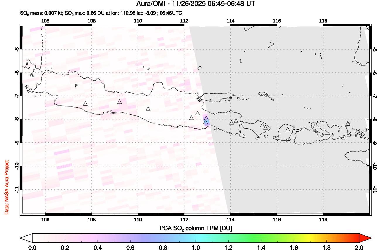 A sulfur dioxide image over Java, Indonesia on Nov 26, 2025.