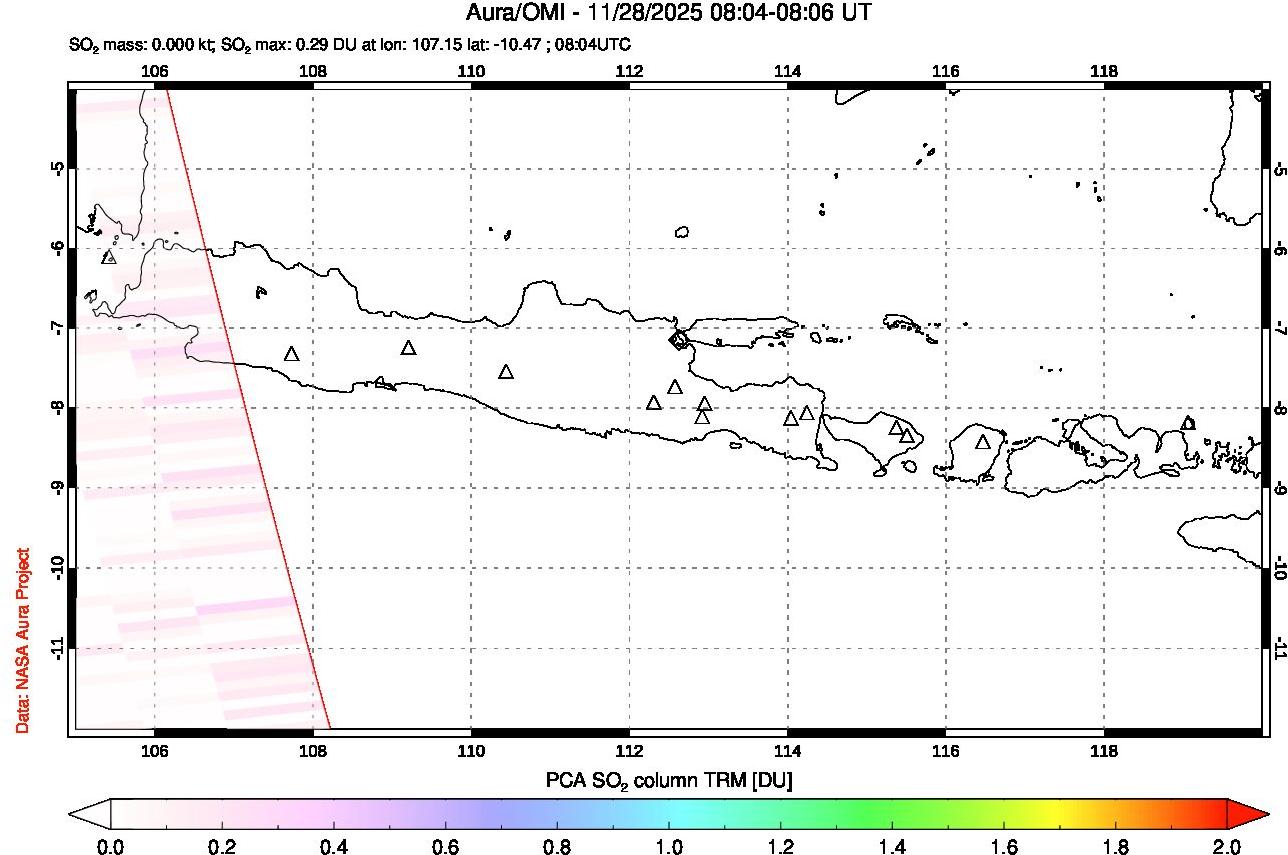 A sulfur dioxide image over Java, Indonesia on Nov 28, 2025.