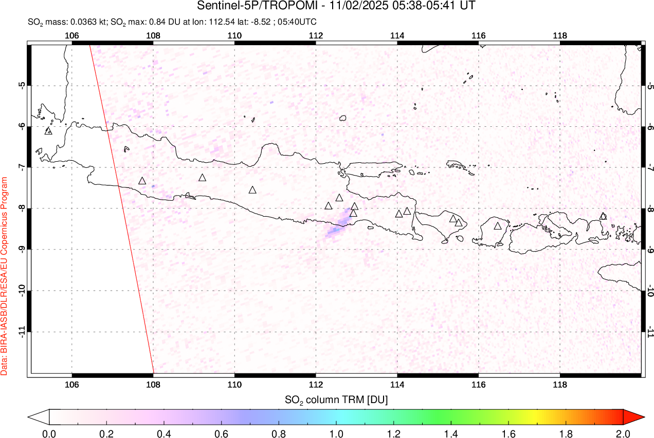 A sulfur dioxide image over Java, Indonesia on Nov 02, 2025.