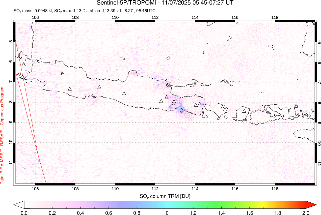 A sulfur dioxide image over Java, Indonesia on Nov 07, 2025.