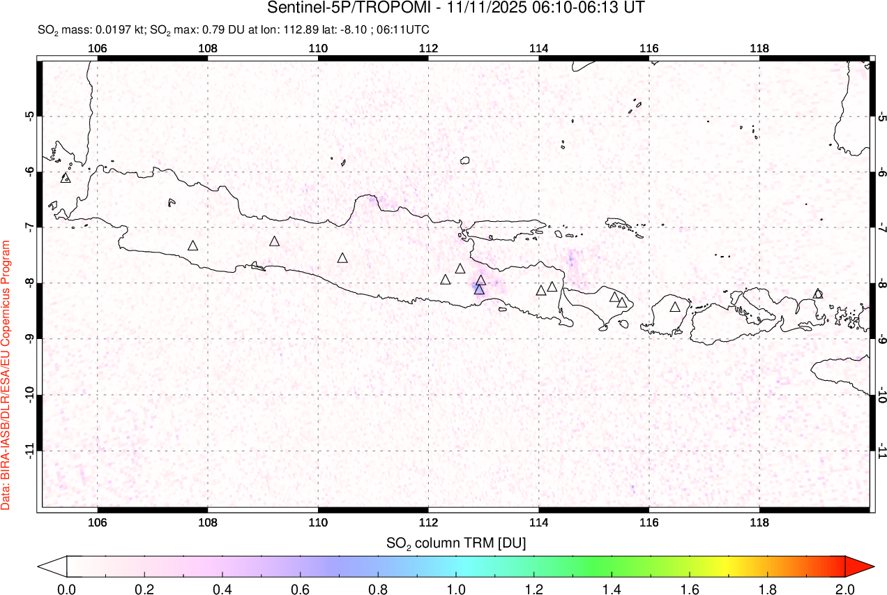 A sulfur dioxide image over Java, Indonesia on Nov 11, 2025.