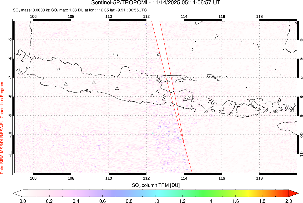 A sulfur dioxide image over Java, Indonesia on Nov 14, 2025.